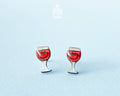 Handmade wooden red wine glass stud earrings filled with rich red wine by PinTonik.